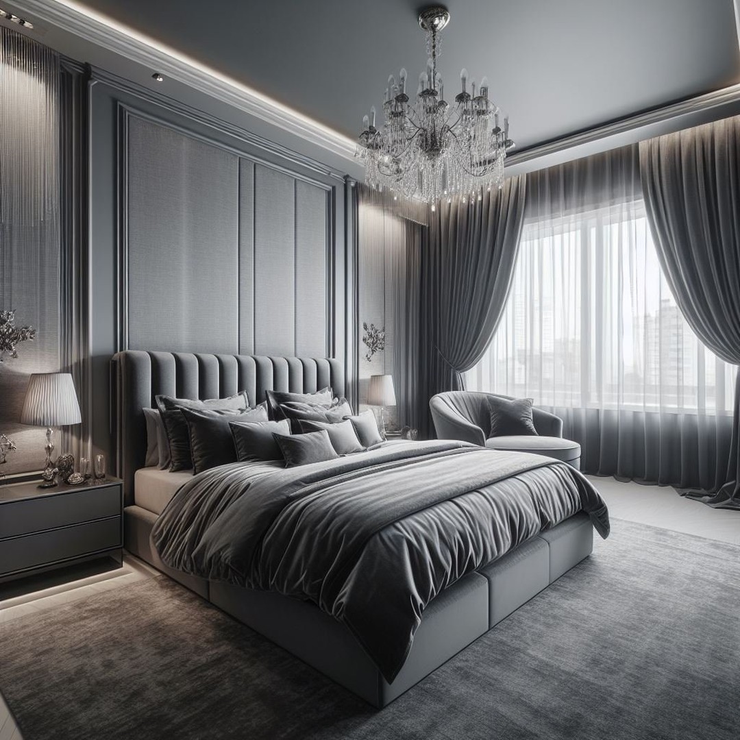 47. Moonlit Whisper: Charcoal Walls with a Velvet Duvet and Geometric Wall Art