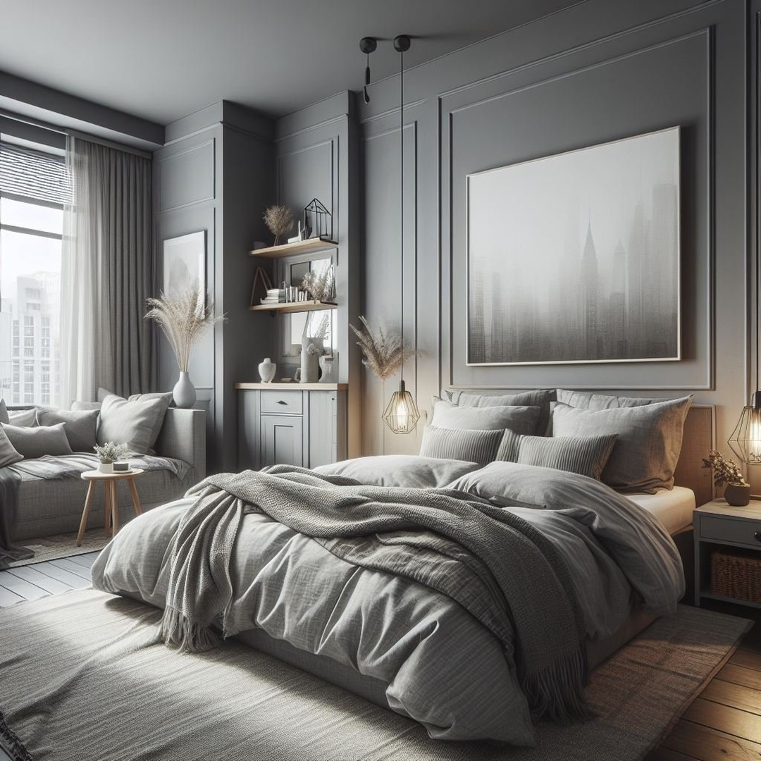 24. Moonlit Serenity: a Grey Bedroom with a Watercolor Wall Accent