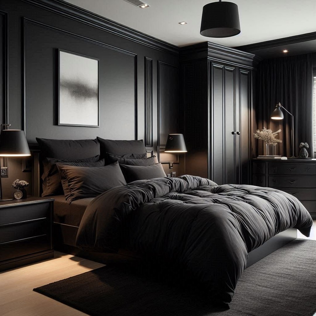 16. Midnight Velvet Canopy: a Black Bedroom with Draped Elegance and Crystal Accents