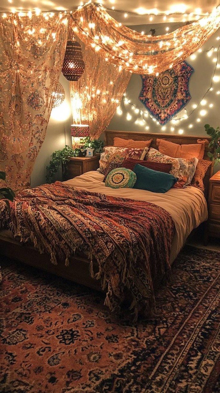 11. a Tapestry Of Earthy Tones with a Geometric Wicker Headboard
