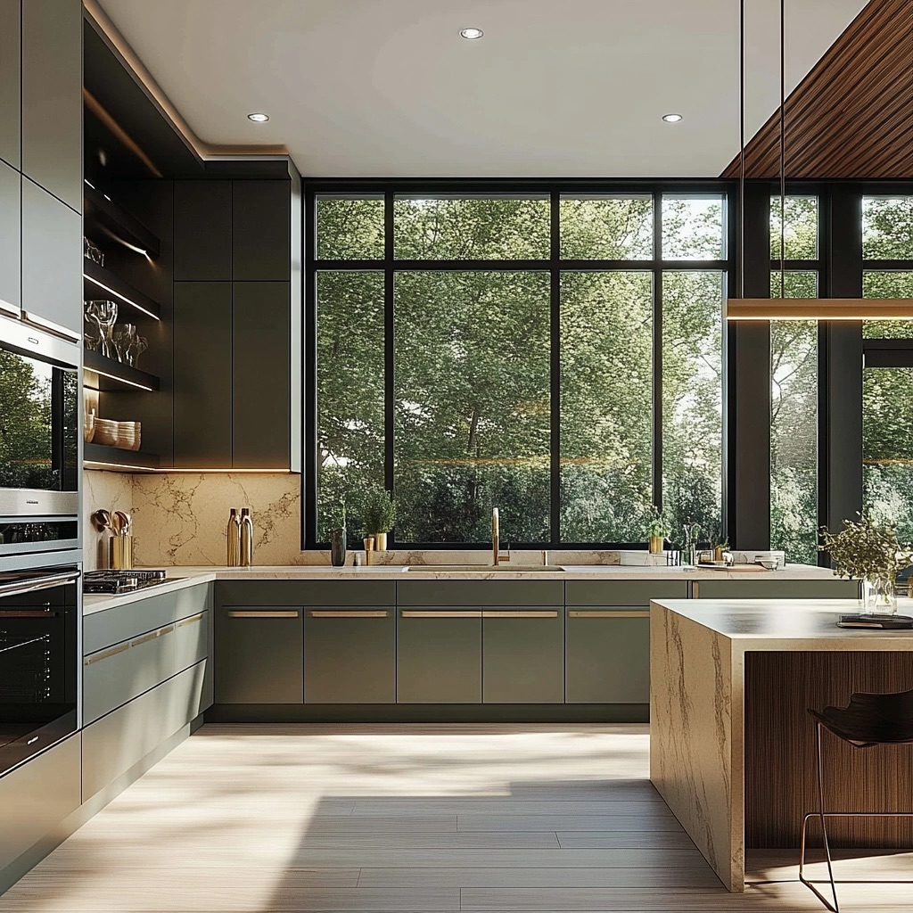 6. Olive Green Shaker Cabinets with Butcher Block Contrast and Industrial Piping