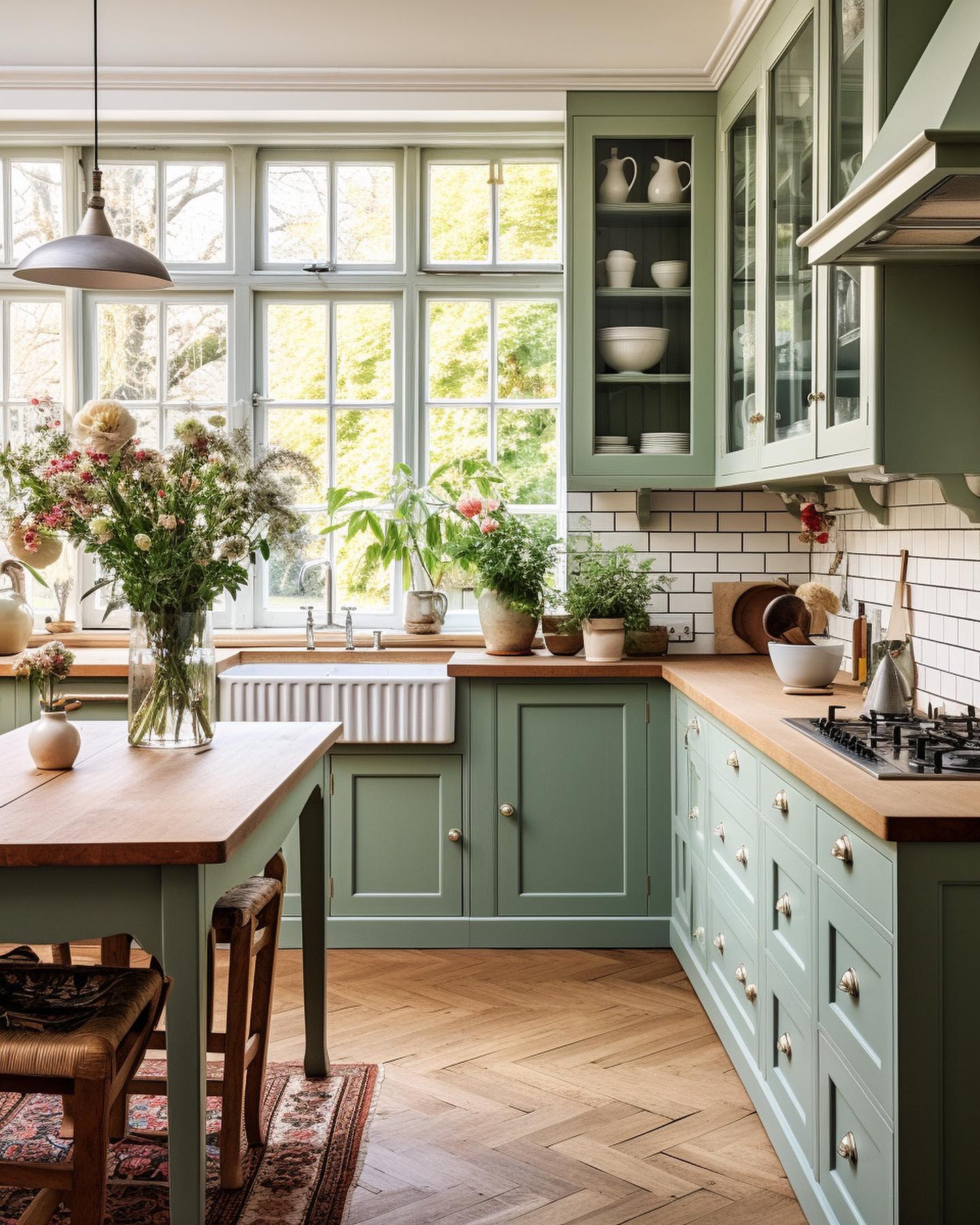 12. Verdant Waves: a Kitchen with Mint Green Cabinets and Exposed Brick Accent Wall