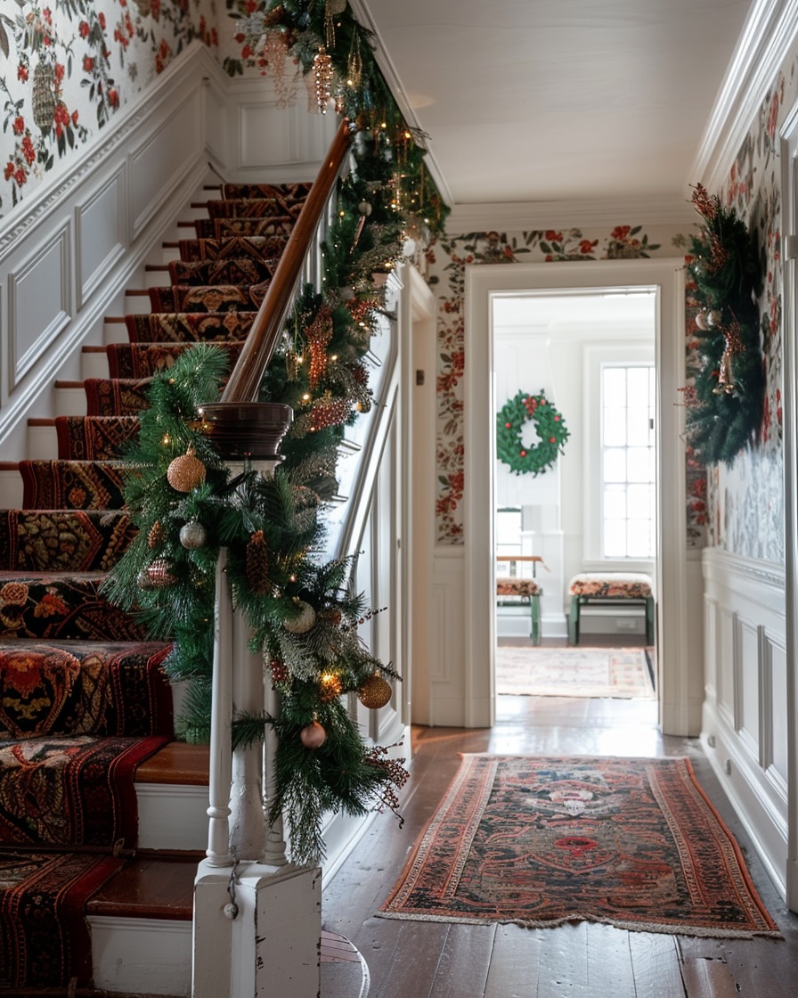 2. a Symphony Of Crimson Ribbons and Golden Pinecones Along the Staircase