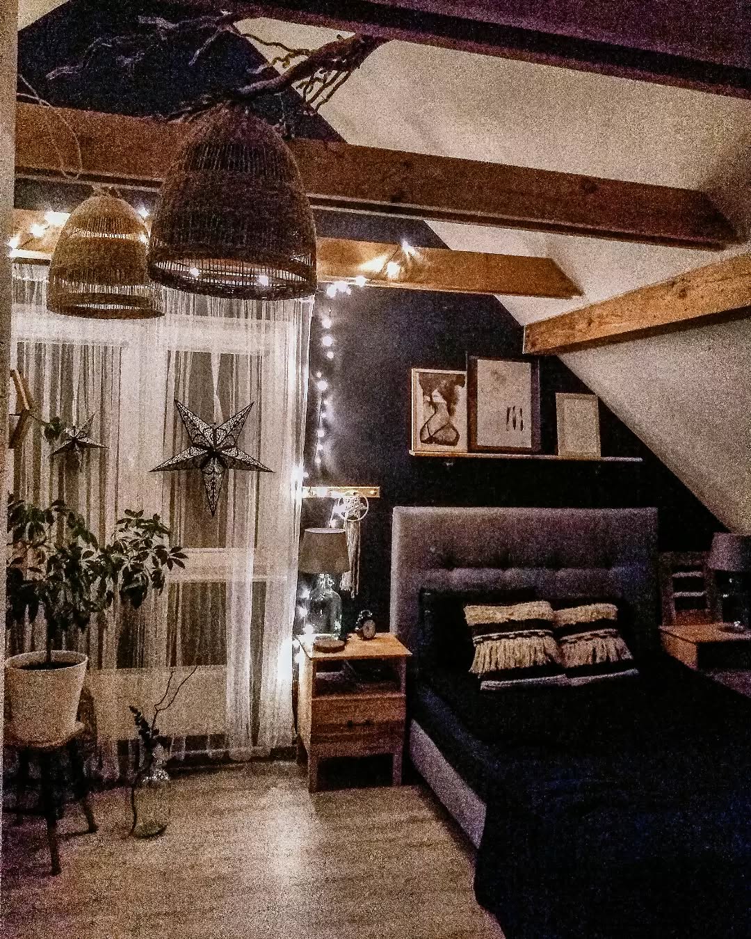 10. Dark Boho Tapestry Wall with Moonlit Window Reflection