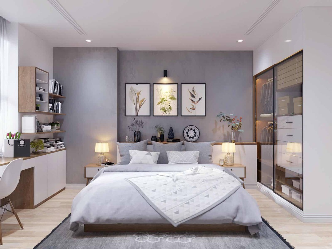 17. Geometric Dreamscape Wall Art with Floating Shelves and Faux Plants