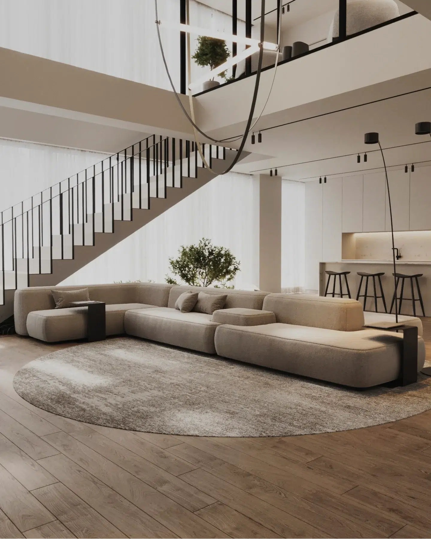 35. Moonlit Serenity: the Living Room with a Floating Fireplace and Sculptural Lighting