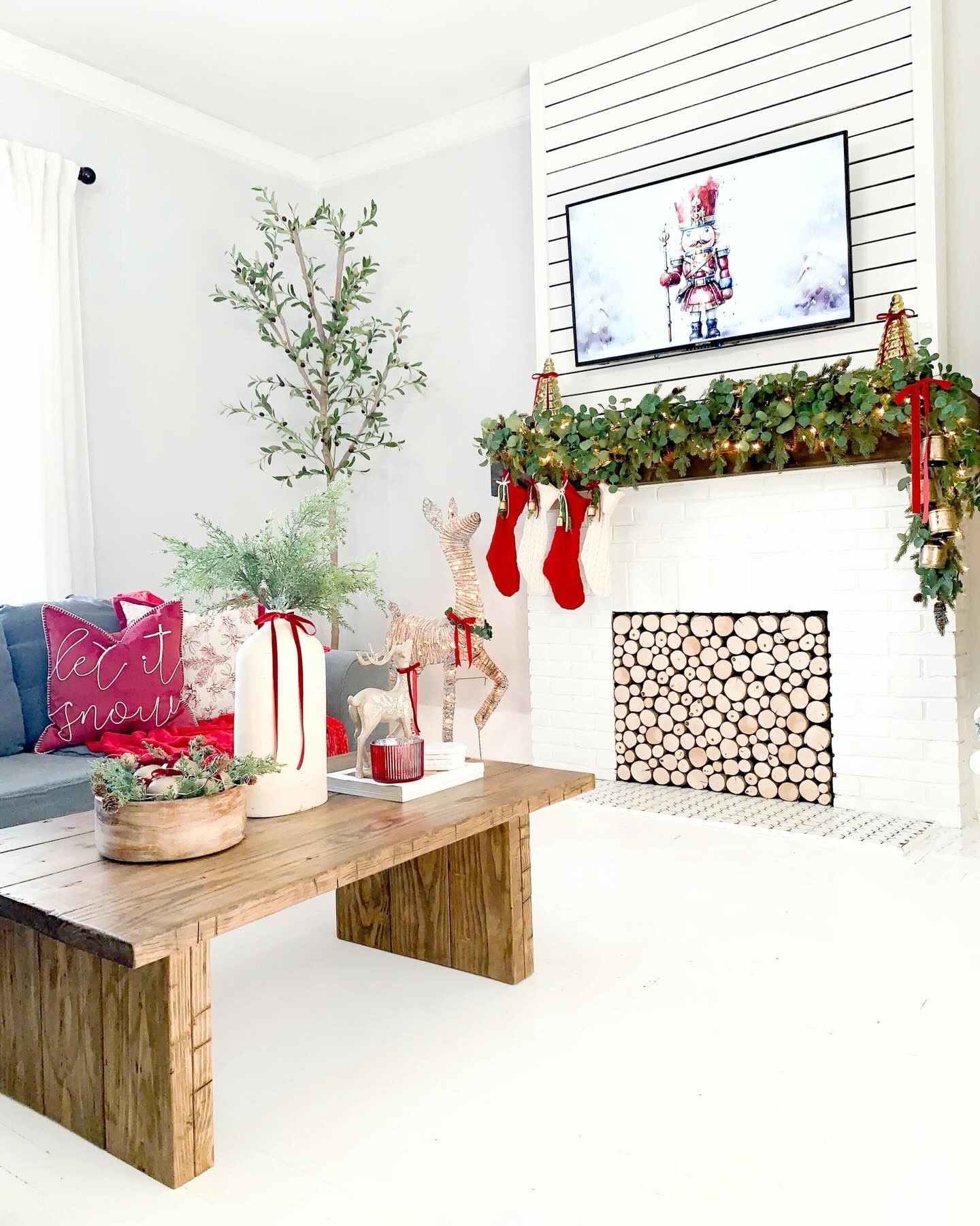 12. Coffee Bean Garland and Miniature Mug Village on a Rustic Wood Slice