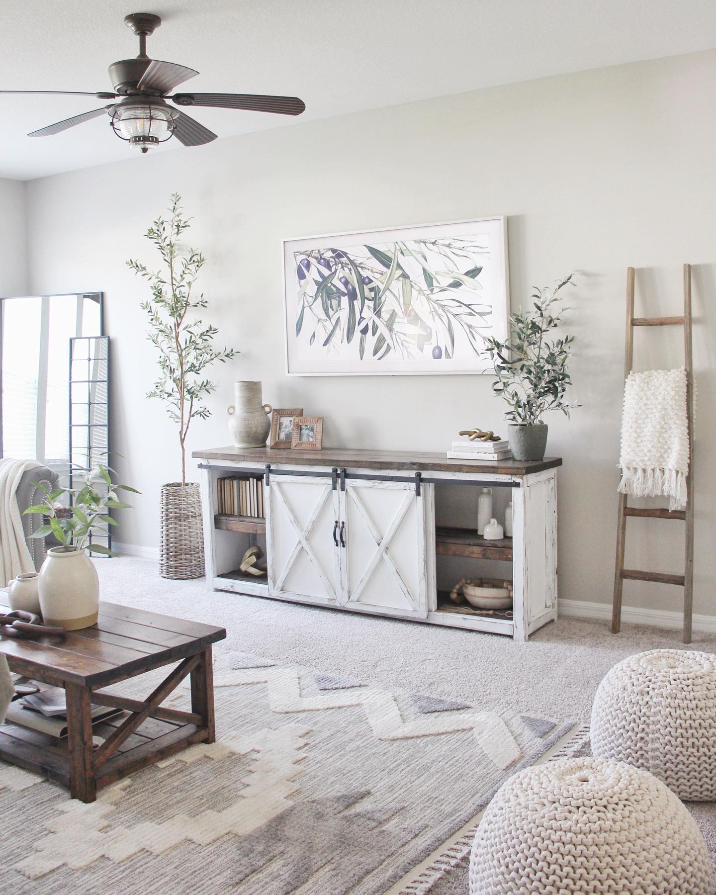 10. Sunlit Shiplap and Vintage Trunk Accent Living Room