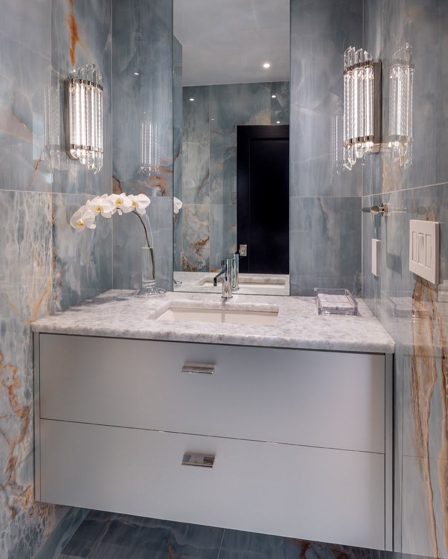 21. Moonlit Marble and Gold Fusion: a Bathroom Vanity with Celestial Elegance