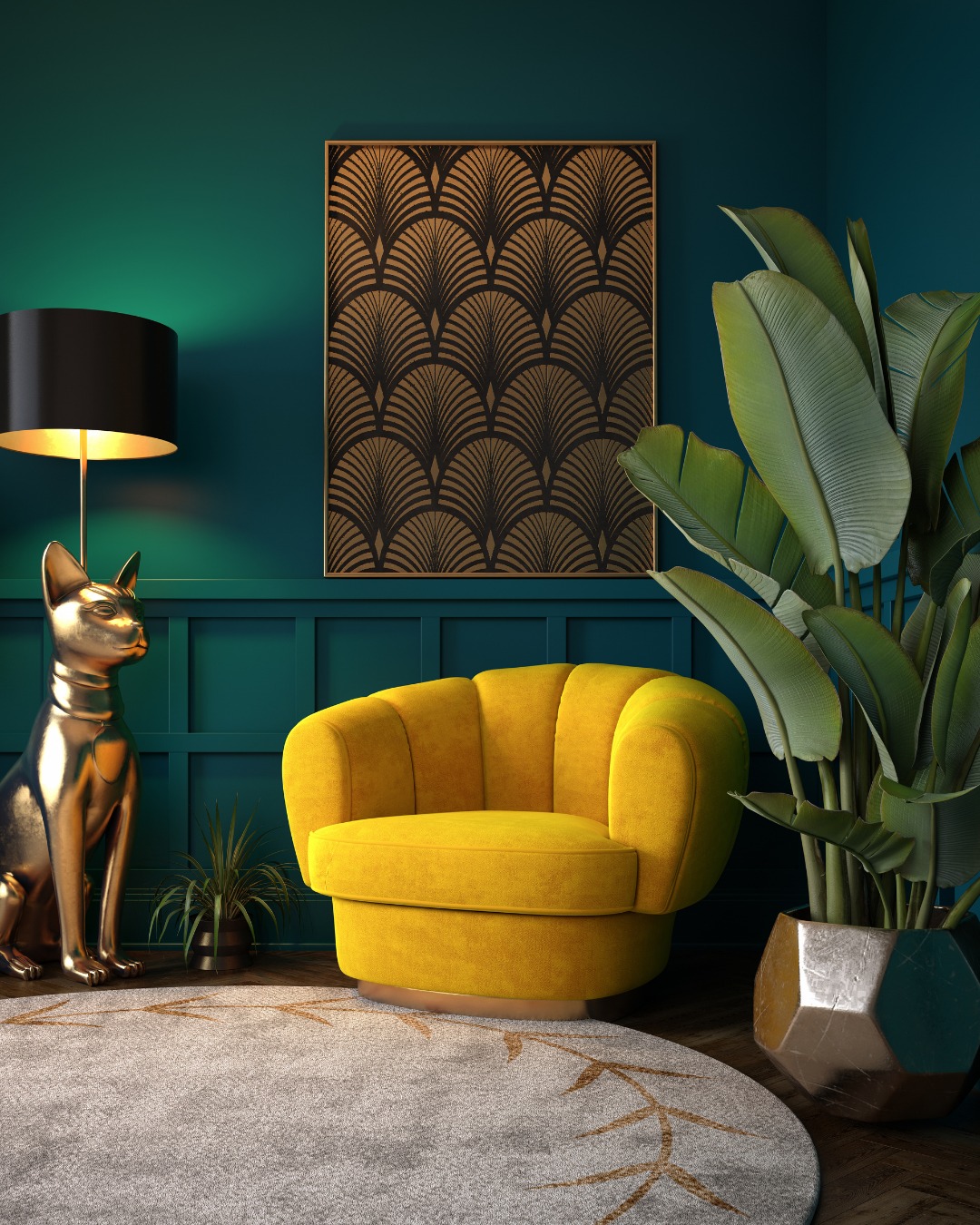 28. the Crimson Velvet Accent Wall with Geometric Gold Mirror