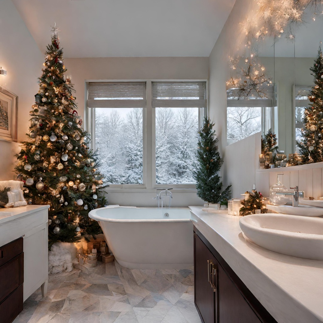 17. Twinkling Snowflakes and Festive Red Ribbons on a White Porcelain Sink