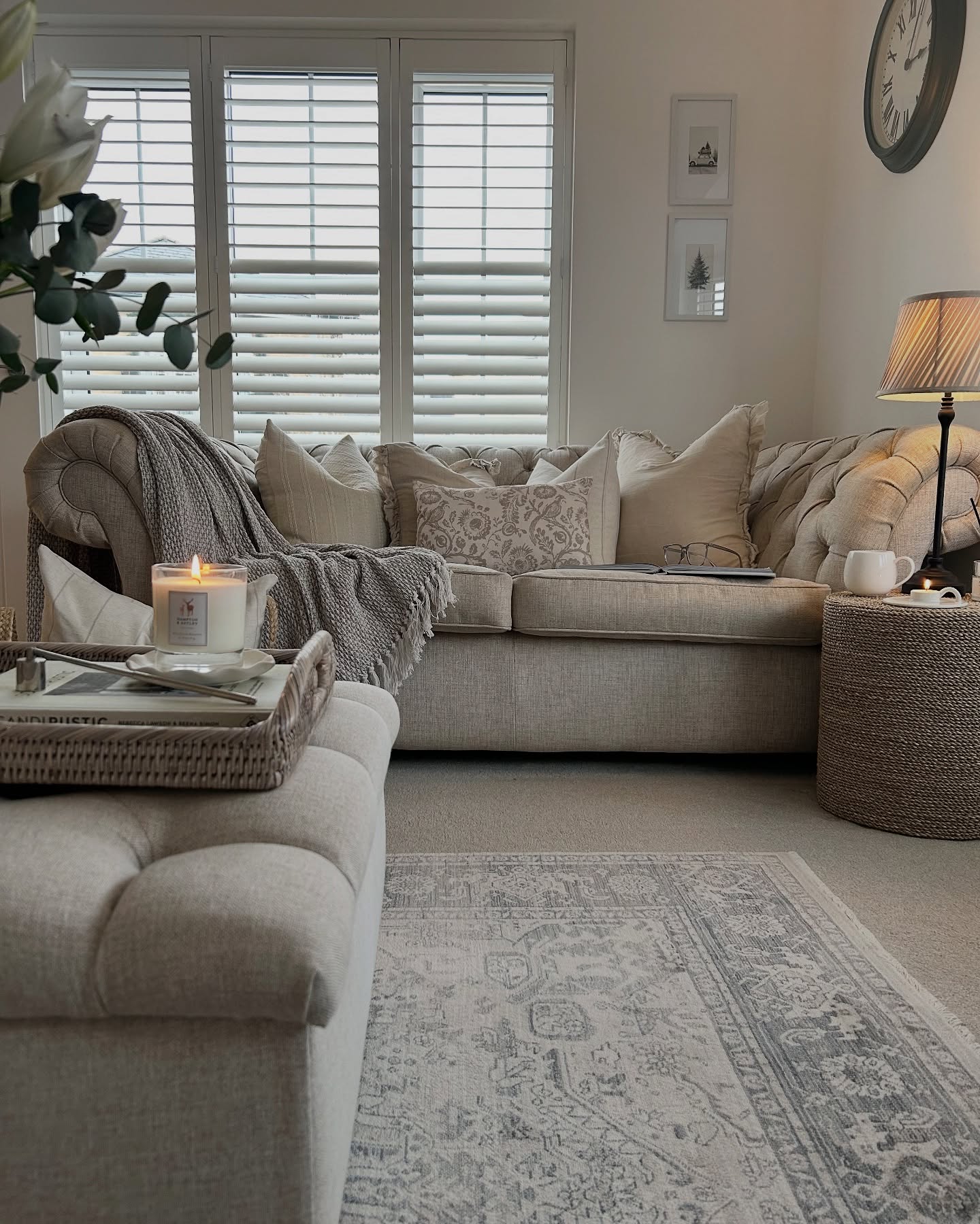 37. Neutral Living Room with a Monochrome Monstera and Geometric Serenity