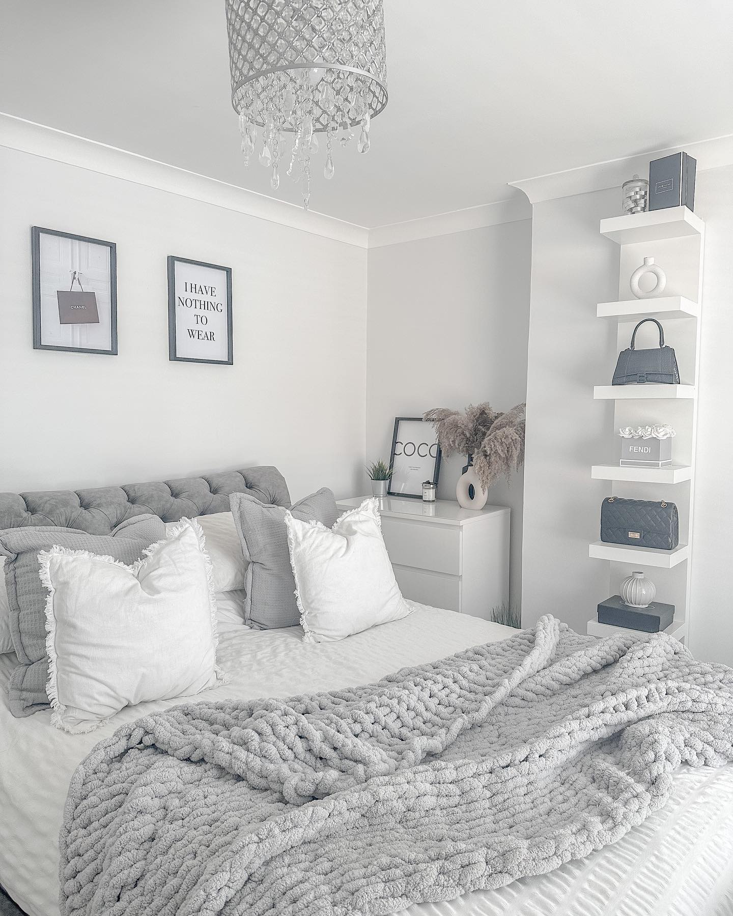 28. Twilight Serenity: Moonlit Grey Walls with Geometric Oak Nightstand