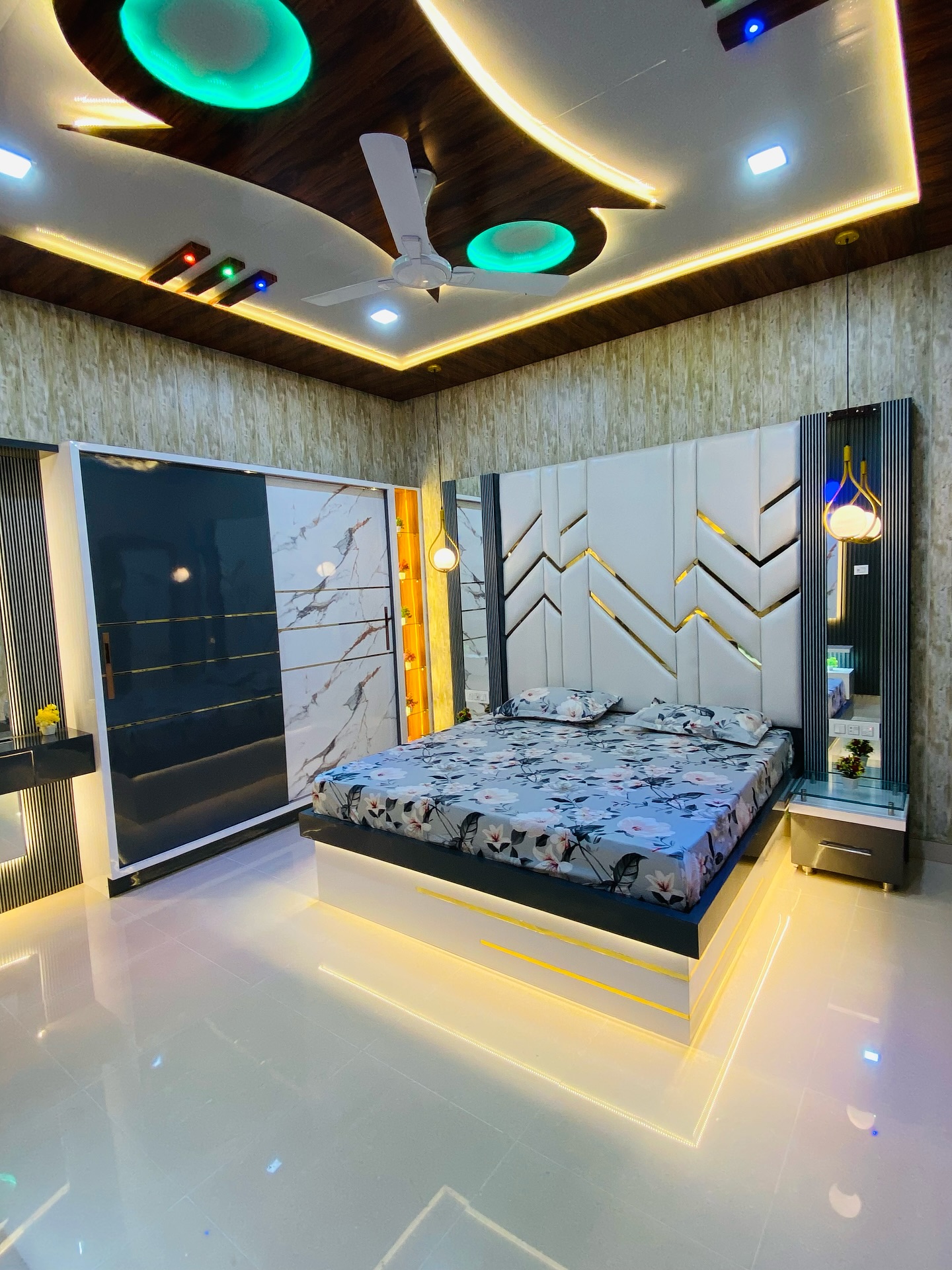 6. Cobalt Waves and Geometric Shadows Bedroom Retreat