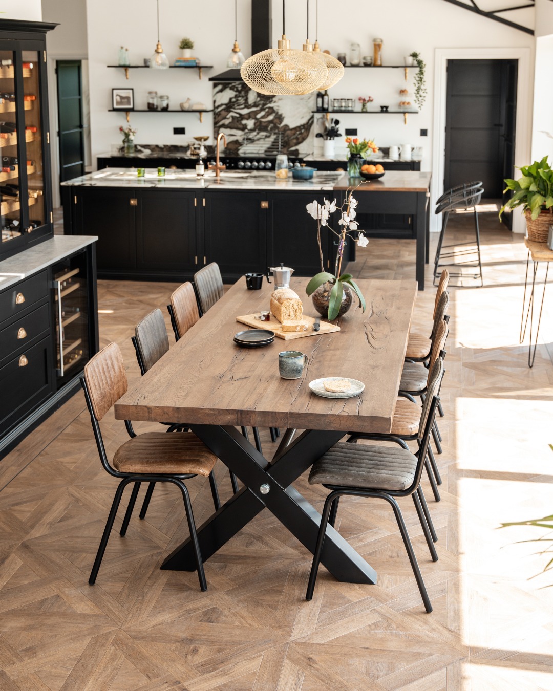 1. Mid-century Walnut Table with Geometric Brass Inlay and Tapered Legs