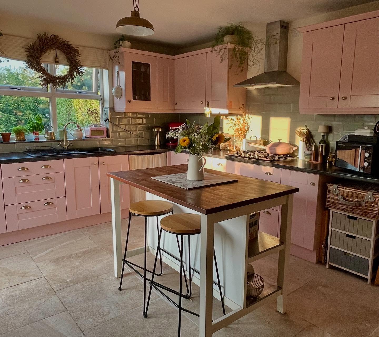 37. Pink Polka Dot Backsplash Meets Mint Green Cabinets In Retro Kitchen Bliss