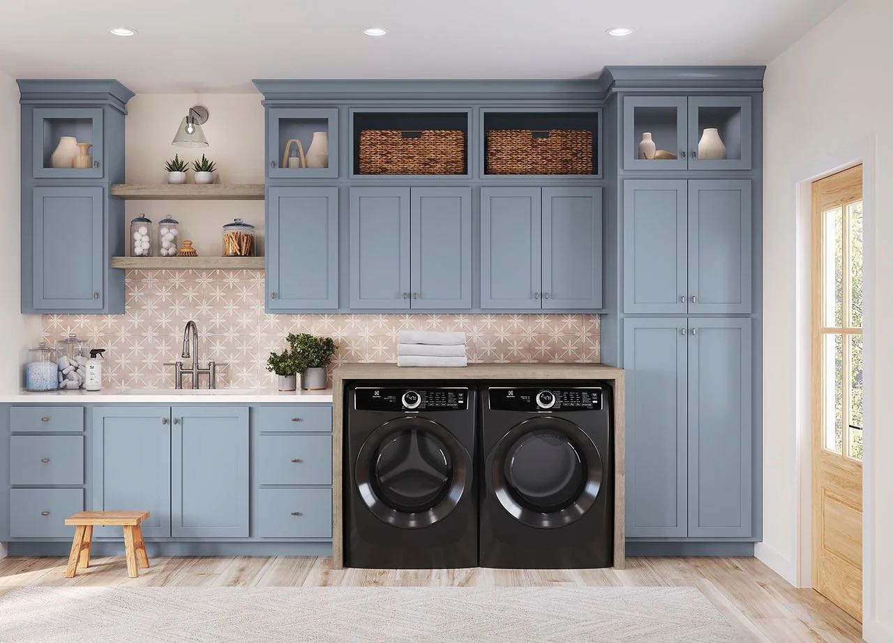 30. Tiered Shelves and Copper Accents Laundry Storage Solution