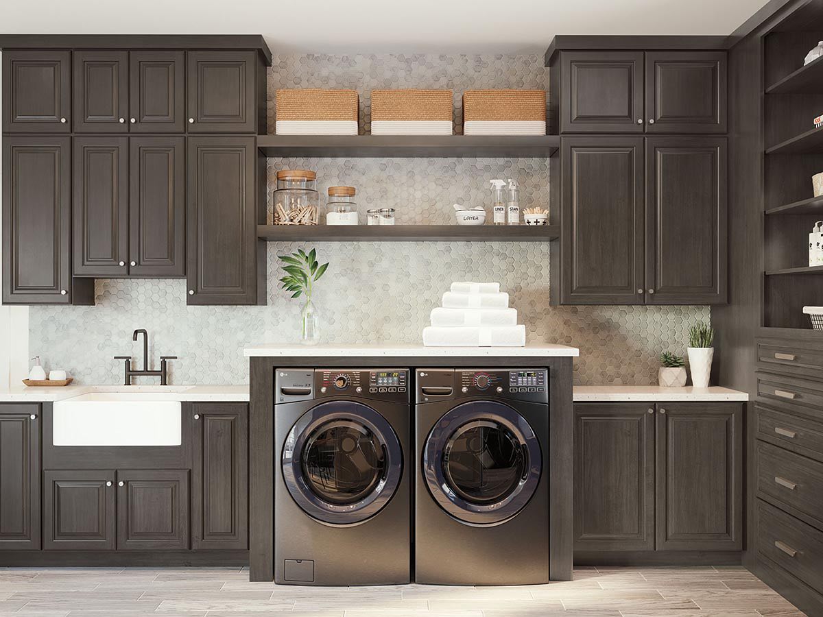 24. Geometric Elegance: Hexagonal Shelves and Slat Doors In a Crisp White Laundry Room