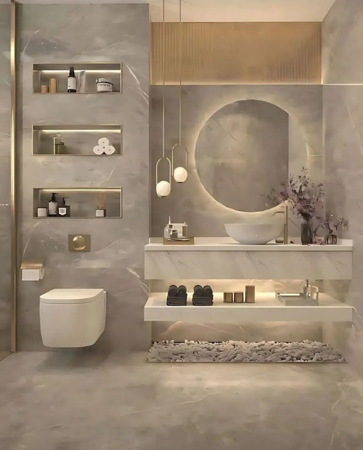 17. Moonlit Marble and Gold Accents: a Bathroom Oasis with a Floating Vanity