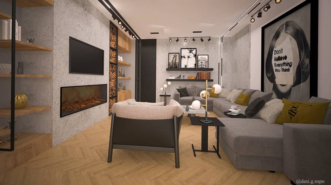 7. the Mossy Armchair and Geometric Fireplace In a Warm Eclectic Nook