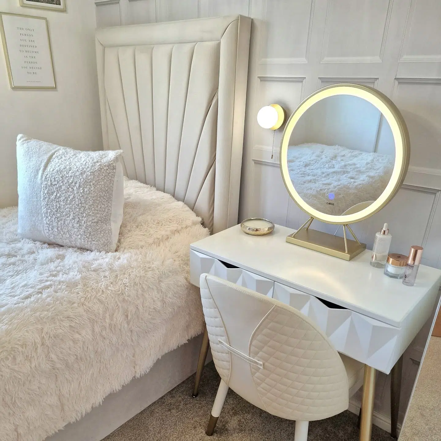 41. Soft Taupe Walls with a Singular Framed Artwork Above a Velvet Headboard