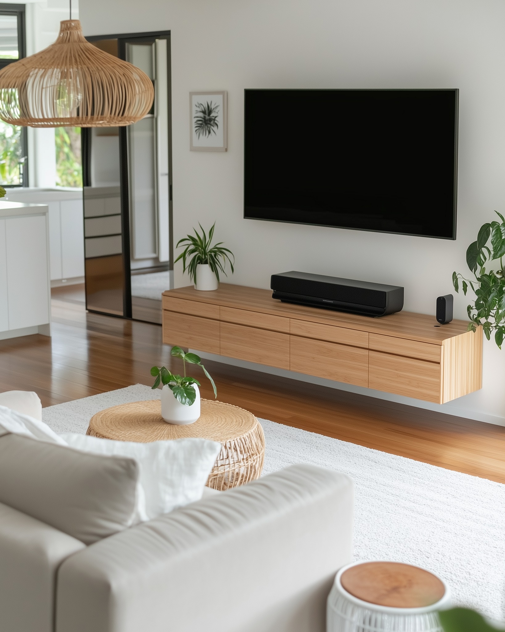 8. Minimalist Monochrome Haven with Geometric Rug and Floating Shelves
