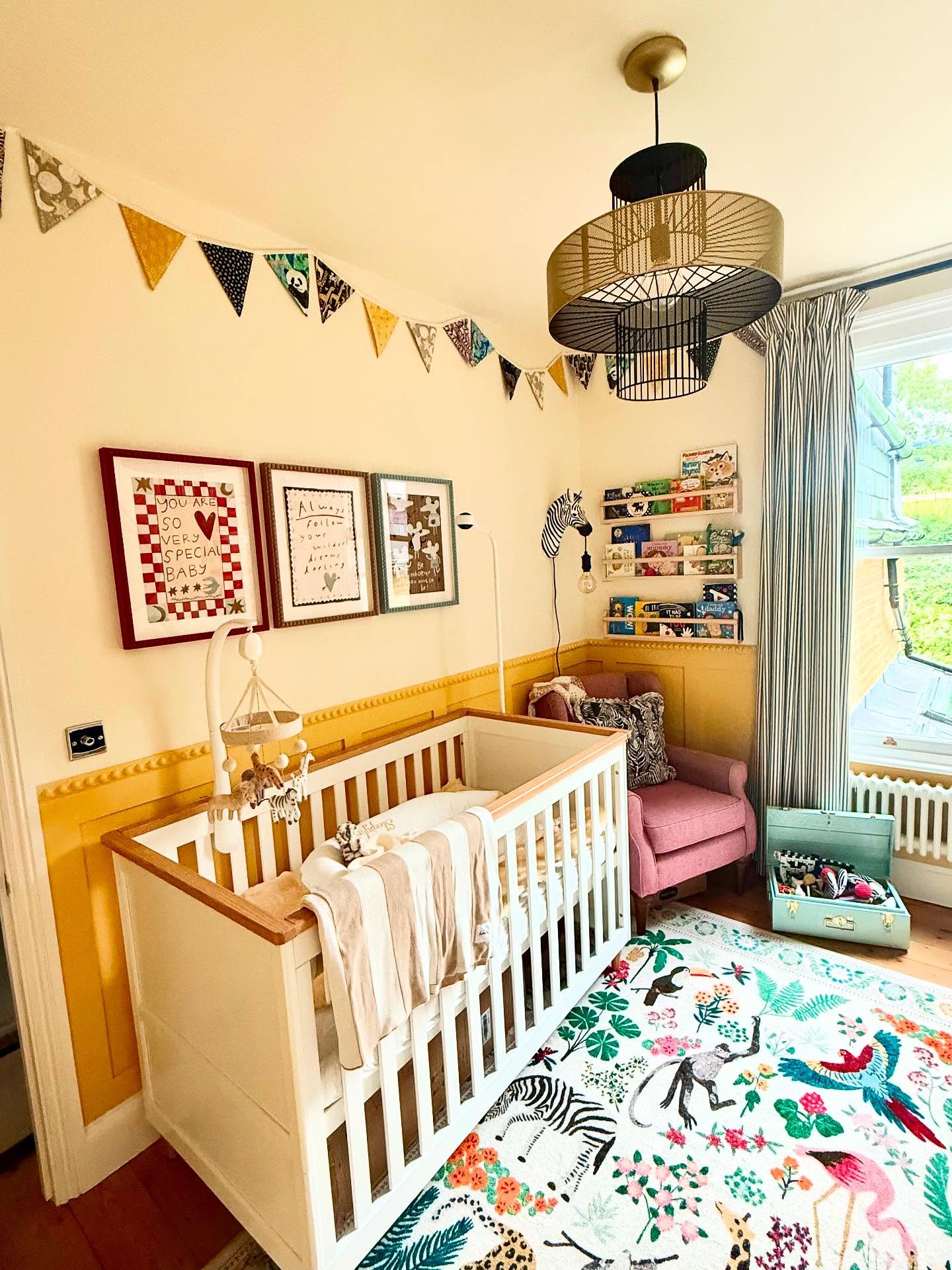 1. Soft Amber Glow: a Crib Wrapped In Honeycomb Quilt and Starry Wallpaper