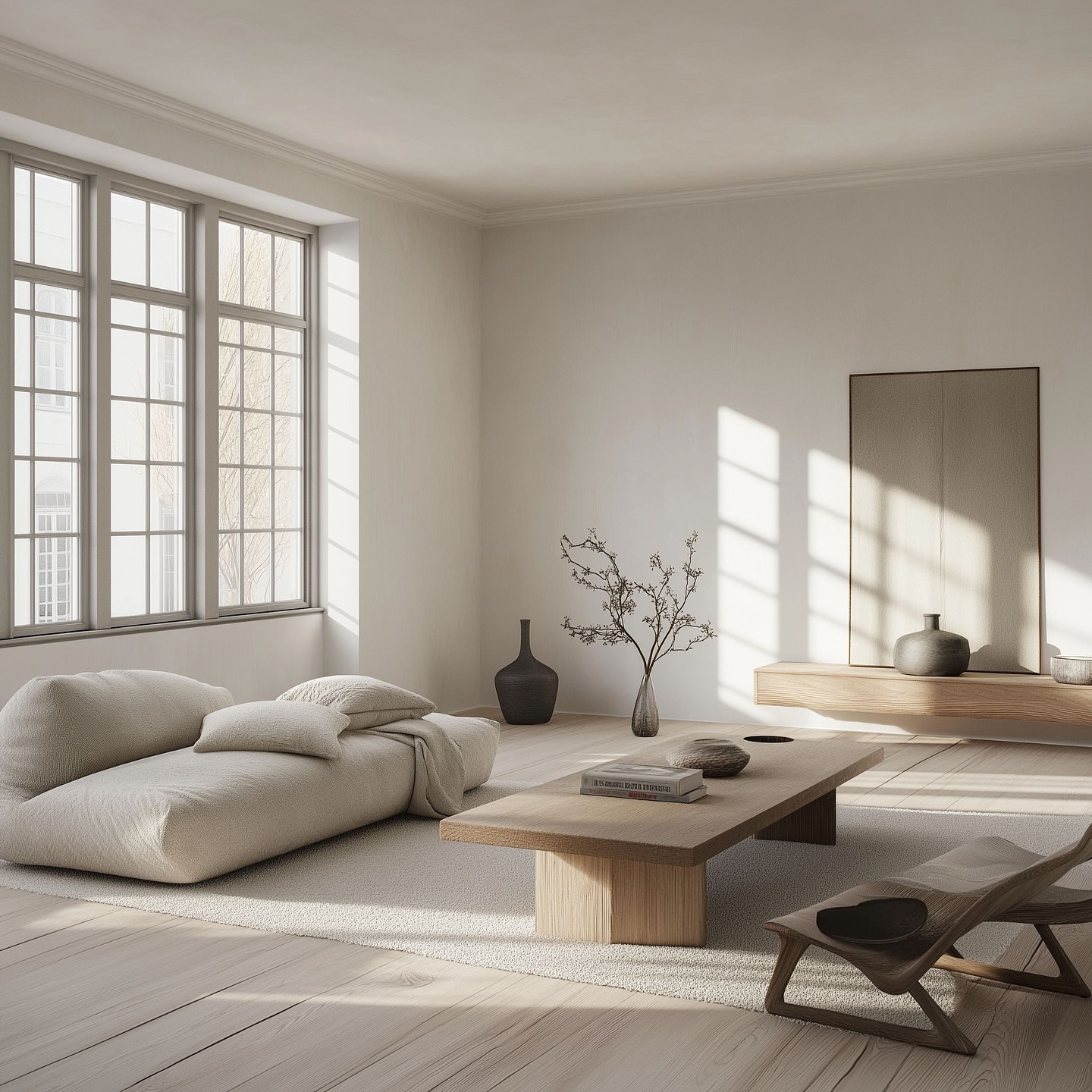 38. Geometric Serenity: the Triangular Shelving and Monochrome Palette Living Room