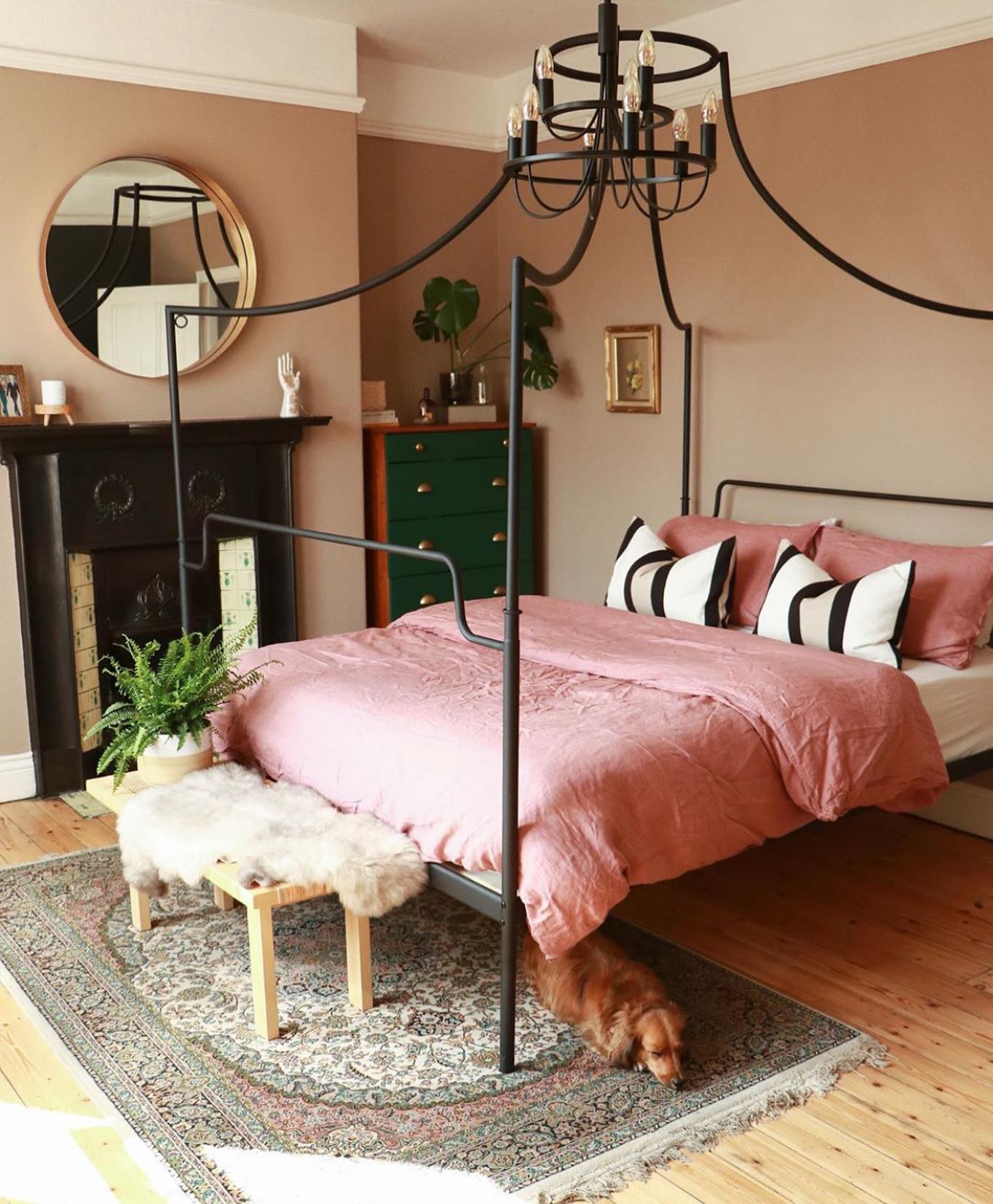 6. Whimsical Canopy Of Pink Tulle and Vintage Lace Over a Brass Bed Frame