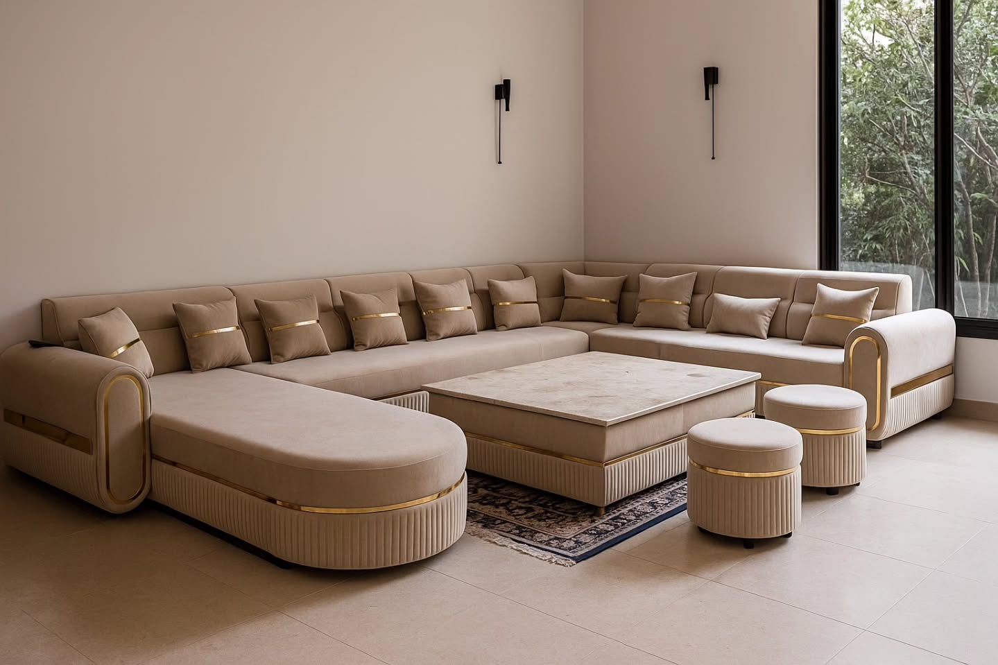 15. the Velvet Slipper Sofa with Geometric Harmony: a Living Room Symphony