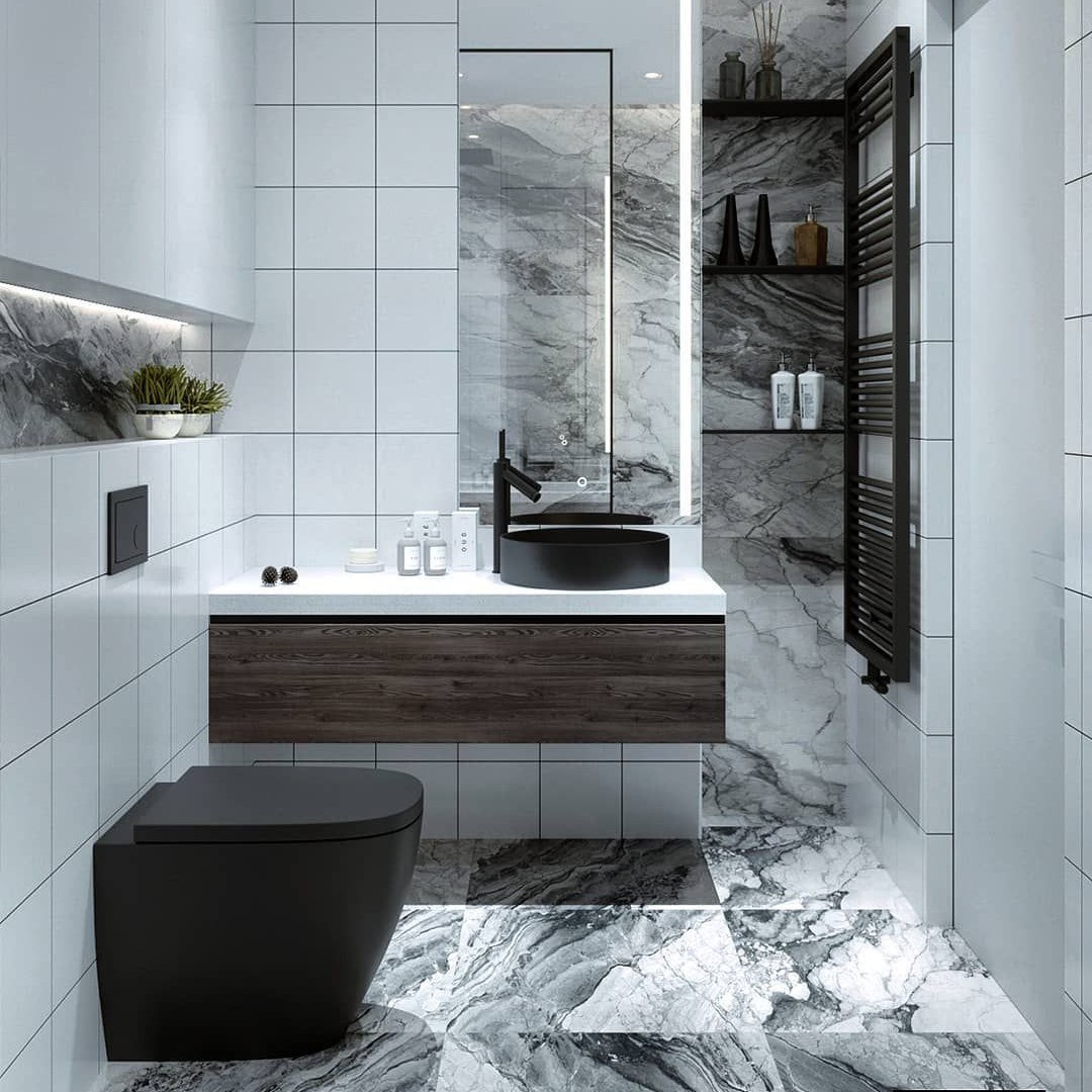 16. the Moonlit Mosaic: a Black and White Bathroom with a Starry Ceiling