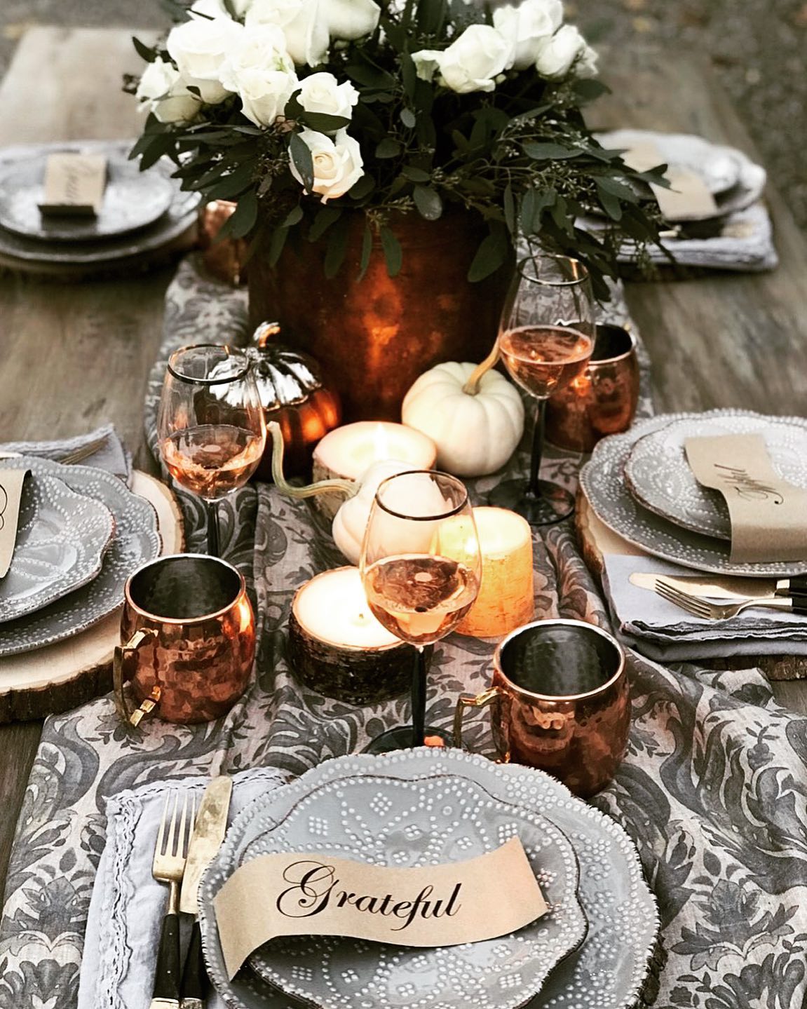 22. Harvest Moonlit Pumpkin and Pine Table Setting