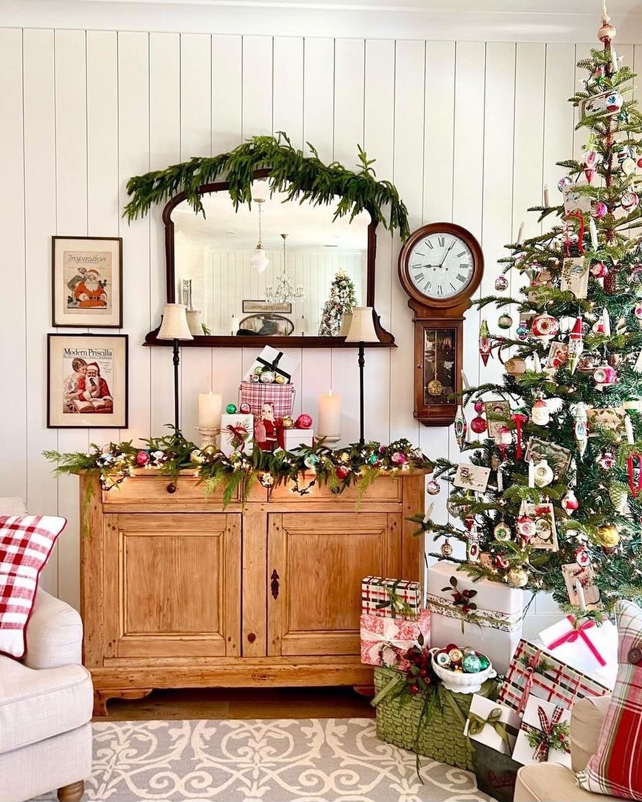 13. Crimson Ribbons and Snowflake Baubles Cascade Over a White Mantelpiece