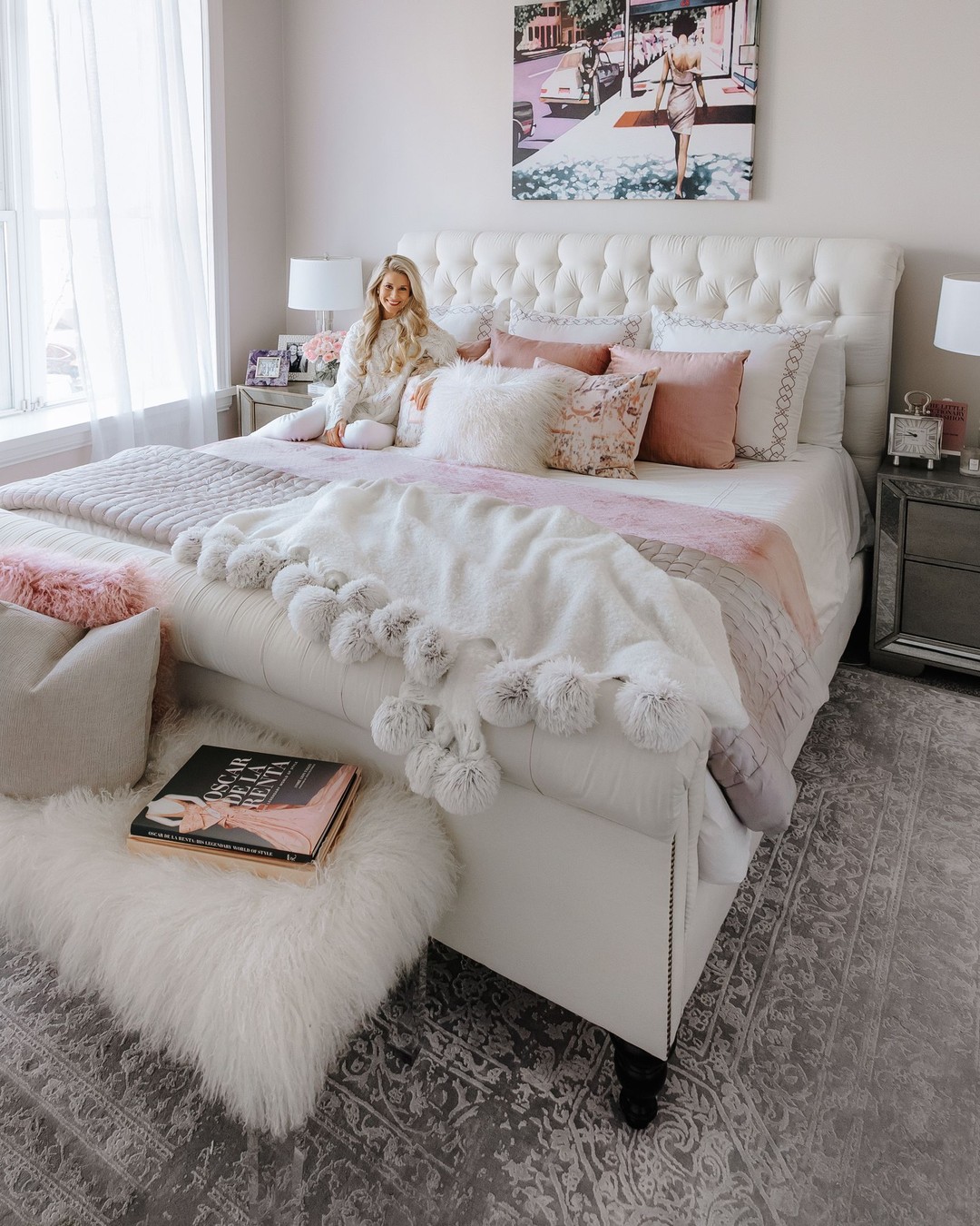 7. Soft Lilac Canopy and Vintage Trunk Accent Bedroom Nook