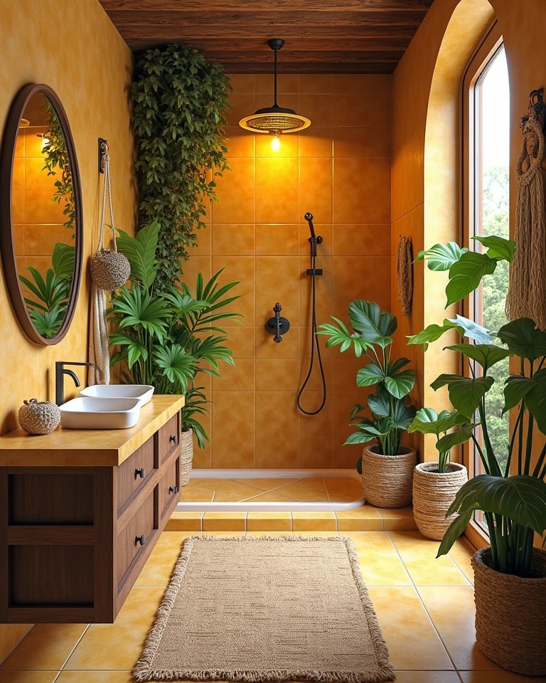 14. Sunlit Sage and Rattan Haven: a Boho Bathroom Retreat