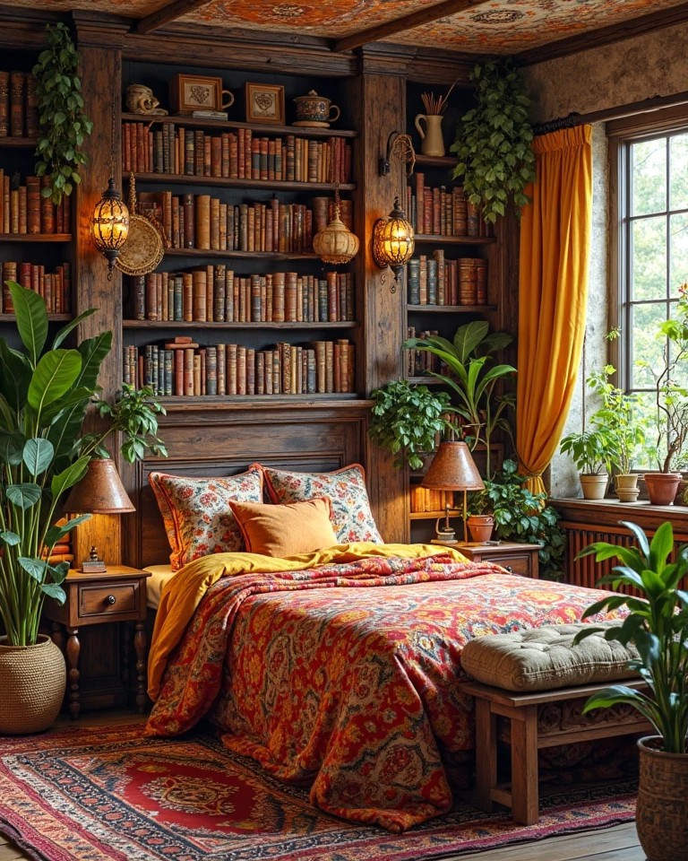 5. Bohemian Dreamcatcher Haven with Antique Books and Lace Curtains