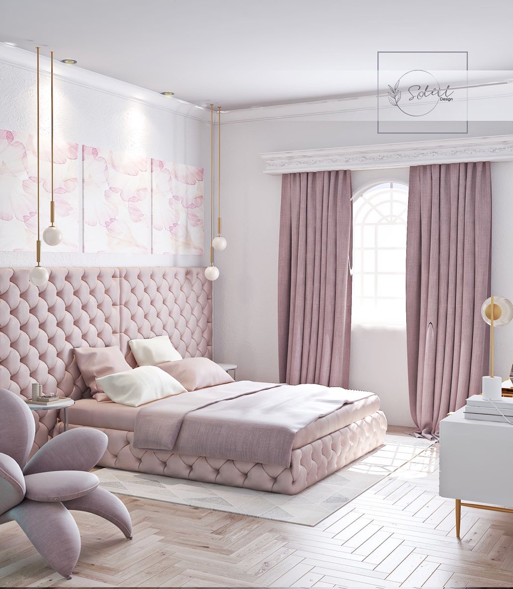 31. the Ballet Slipper Pink Canopy Bed with Rose Gold Accents and Crystal Chandelier