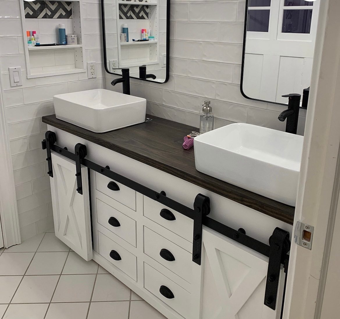 14. Moonlit Marble and Gold Fusion: a Vanity with a Floating Shelf and Geometric Mirror