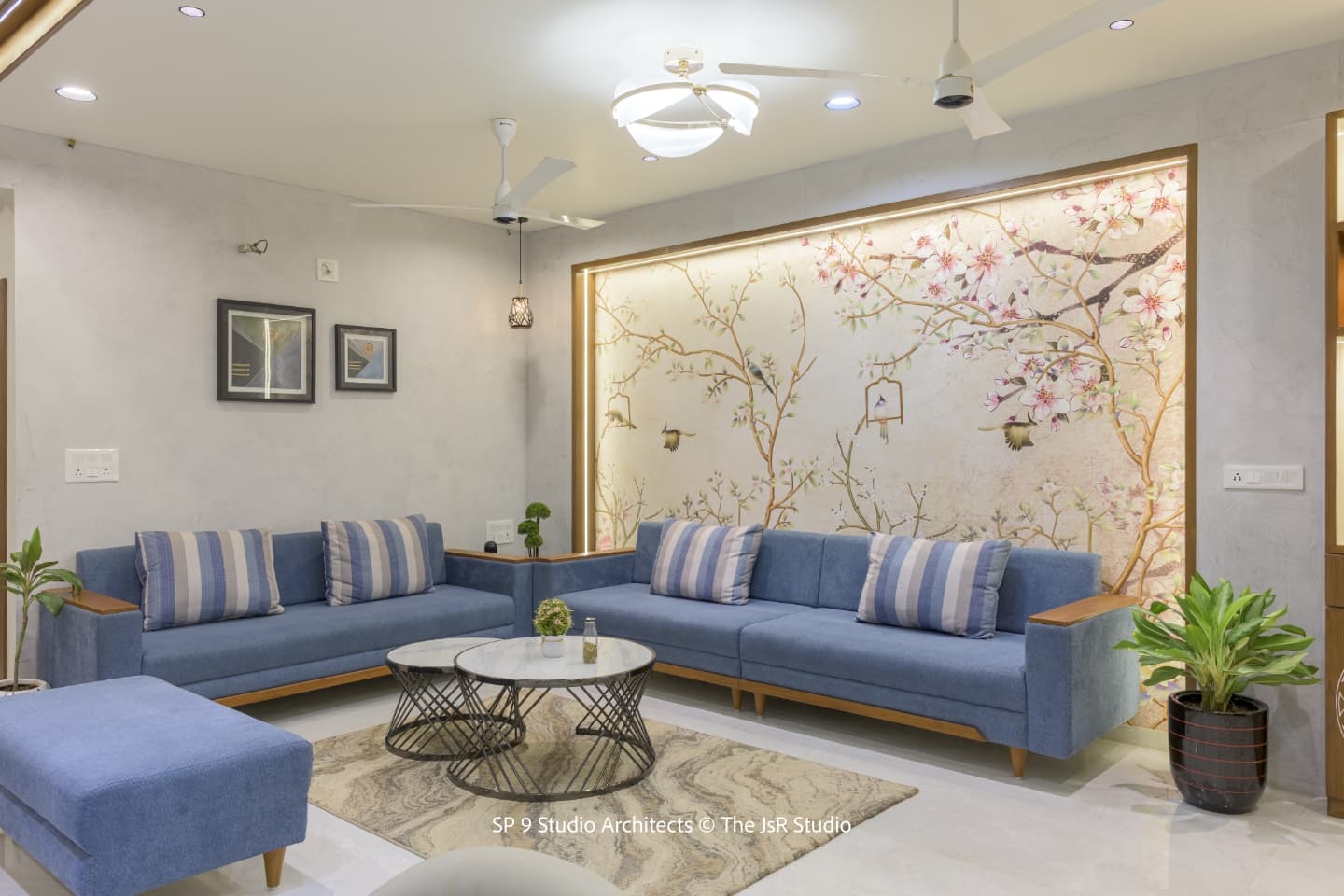 39. Velvet Sofa Meets Geometric Shelves: a Symphony Of Curves and Lines