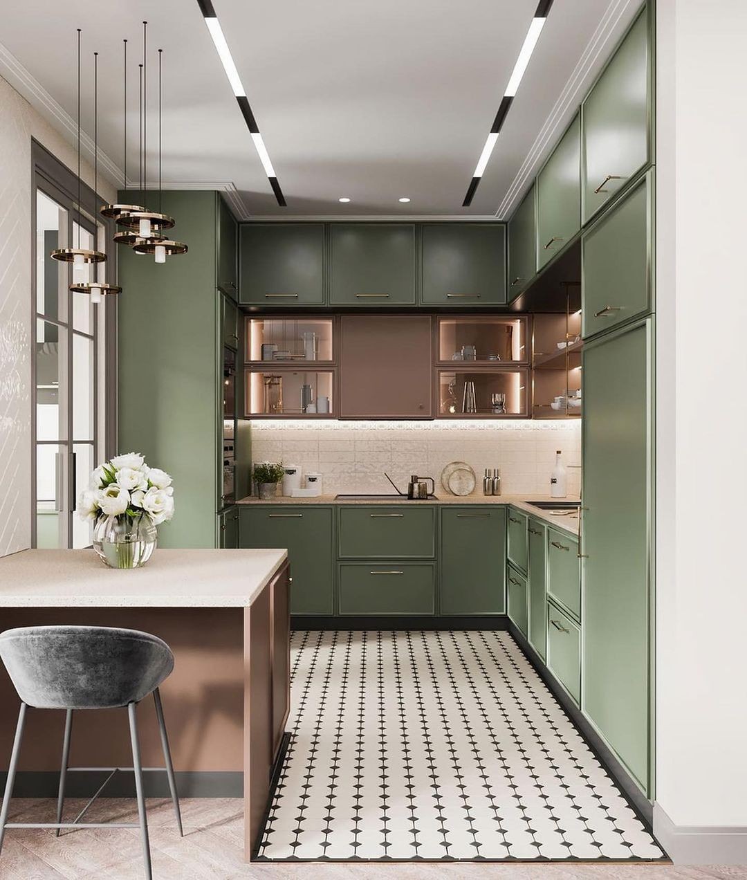 19. Vibrant Avocado Green Cabinets with Brass Accents and White Subway Tile Backsplash