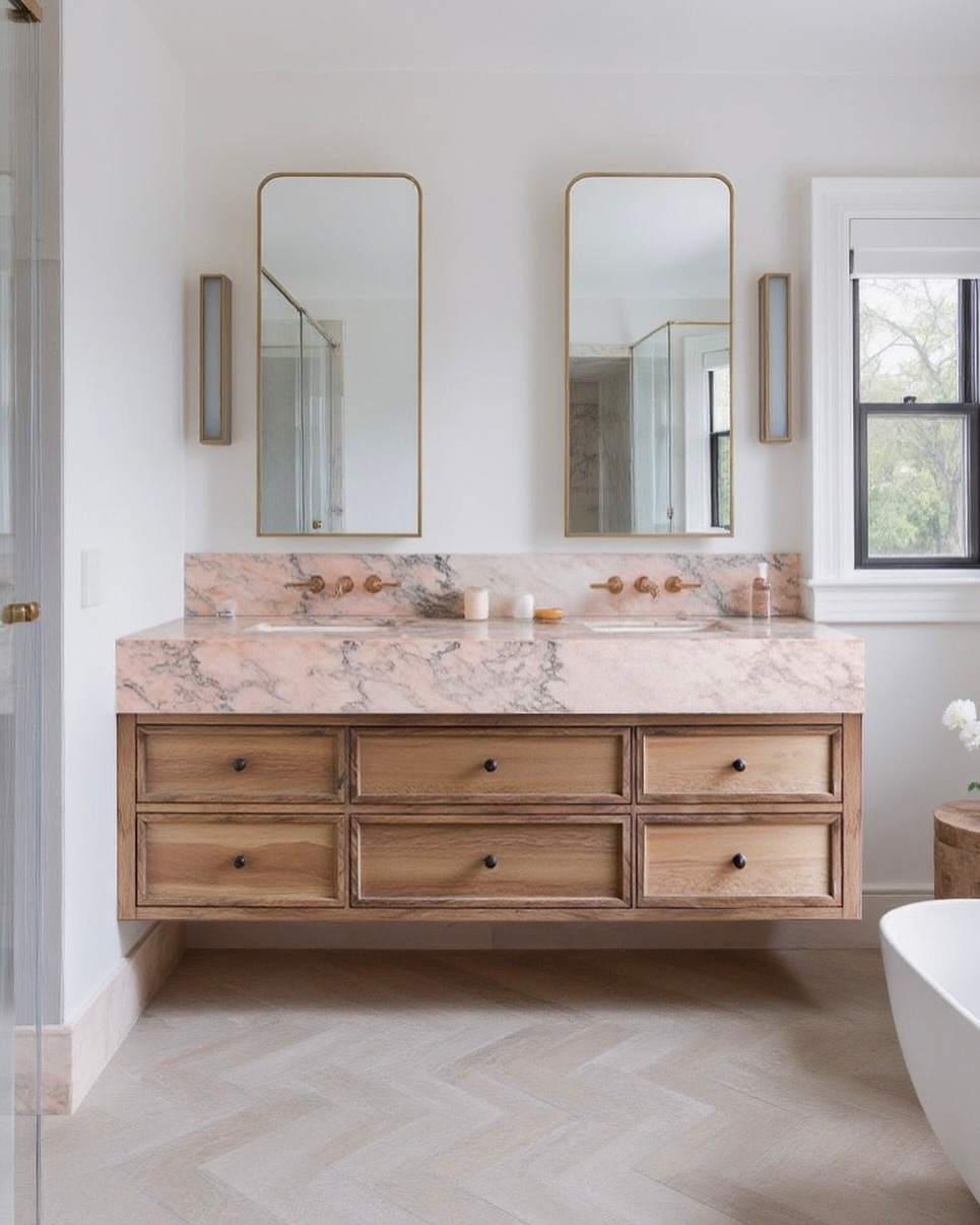 1. the Porcelain Tulip Sink with Geometric Tile Mosaic and Brass Fixtures