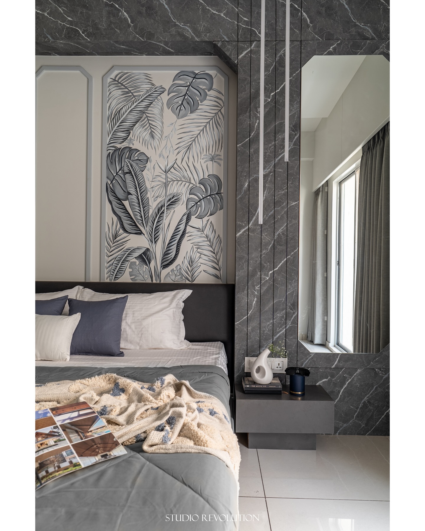 4. Soft Lilac Walls with Geometric Wood Panel Accent: a Tranquil Retreat