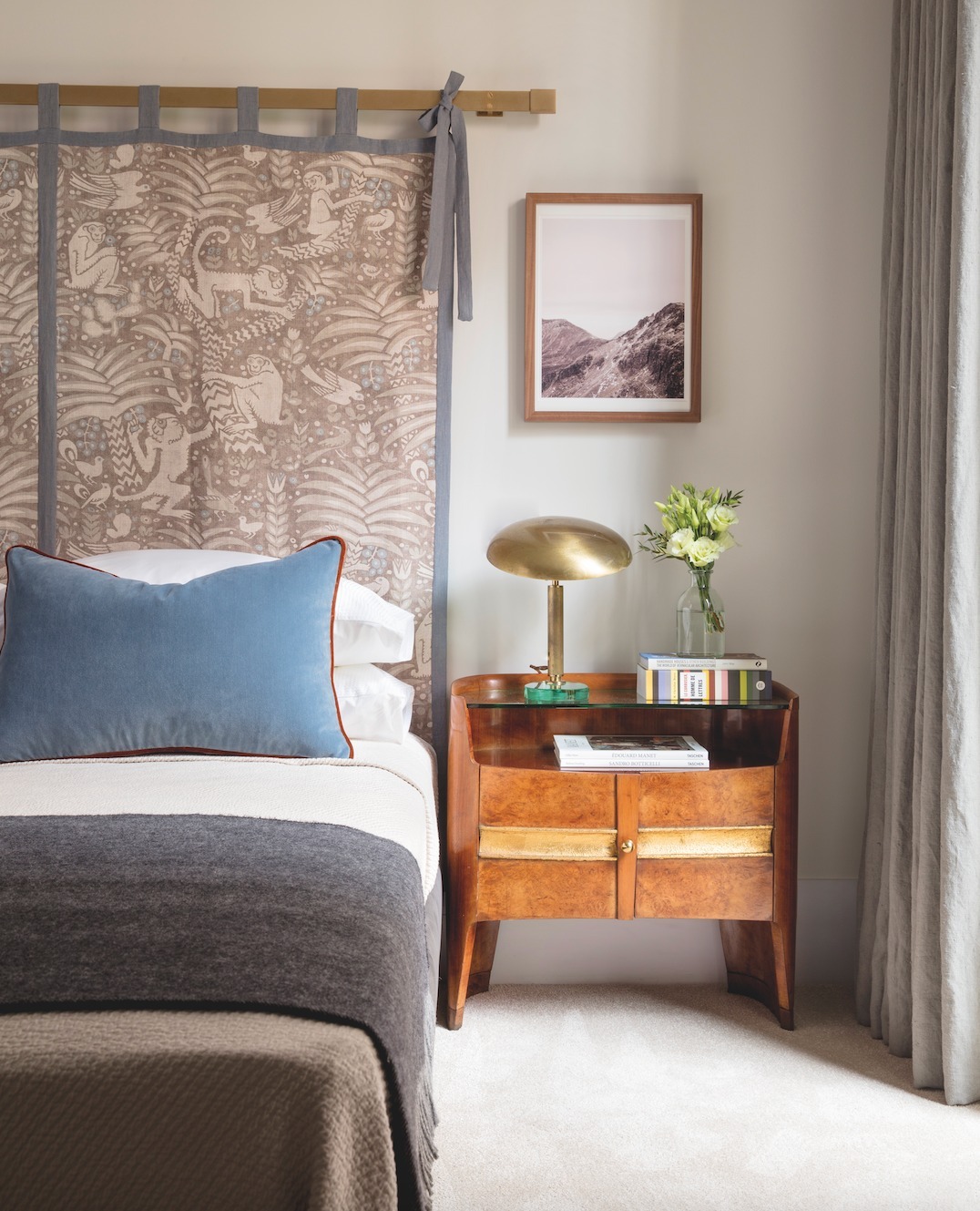 21. Soft Lavender Dreamscape with Woven Wall Art and Vintage Trunk Nightstand
