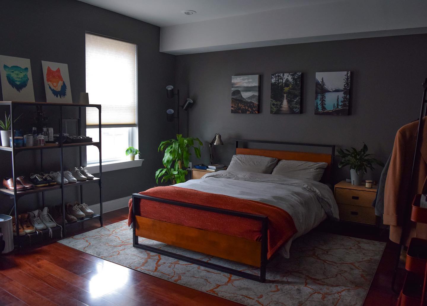 9. Midnight Blue Accent Wall with Industrial Pipe Shelves and Edison Bulbs