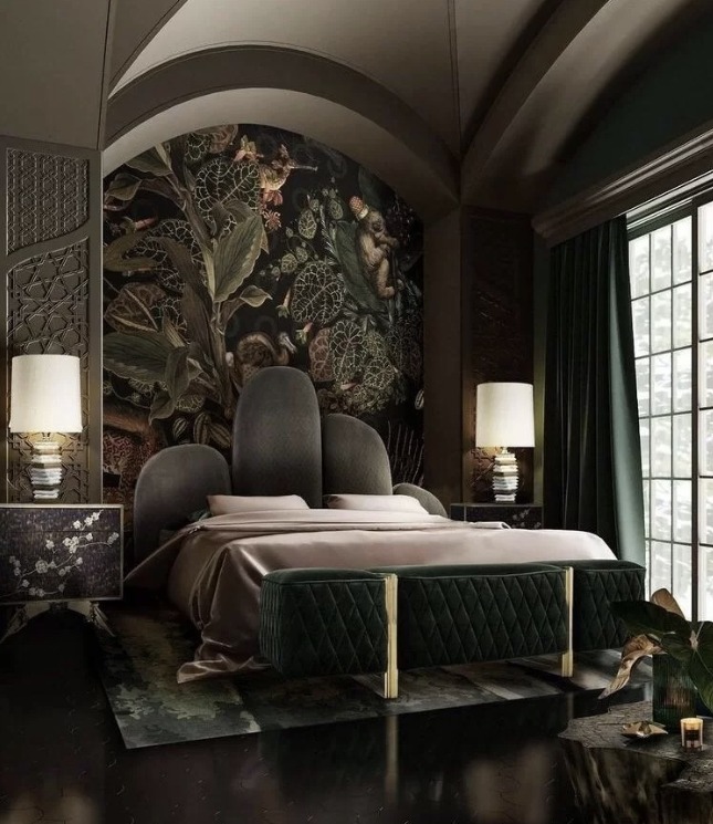 17. Moonlit Macrame and Moss: a Dark Boho Bedroom Oasis