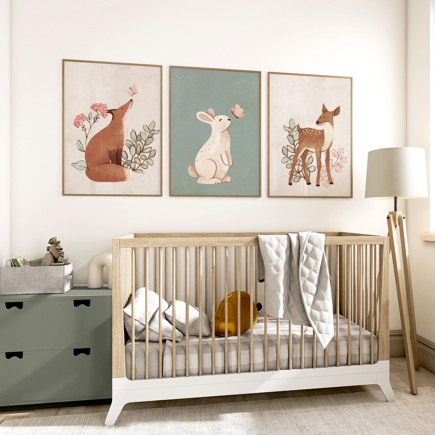 29. Soft Moss Canopy Cradles Dreamy Sage Green Nursery with Geometric Wall Accents