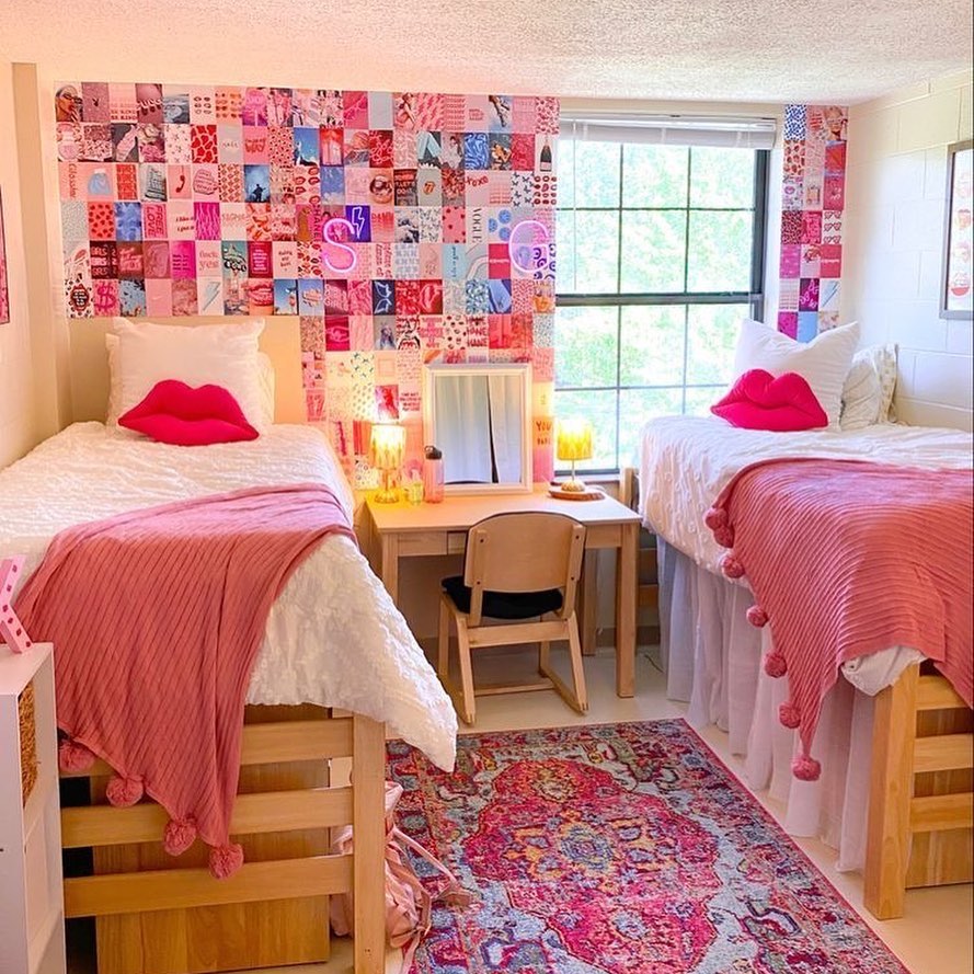 14. Tangerine Throw Pillows and Indigo Tapestry Dorm Setup