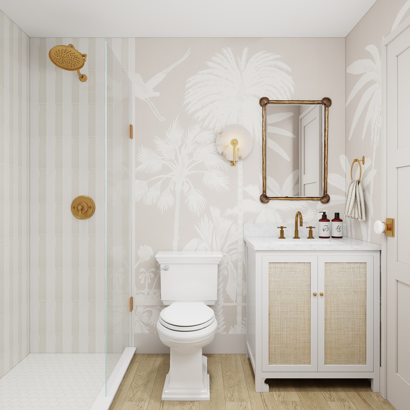 13. Vintage Floral Motifs Meet Modern Bathroom Aesthetics with Gold Accents