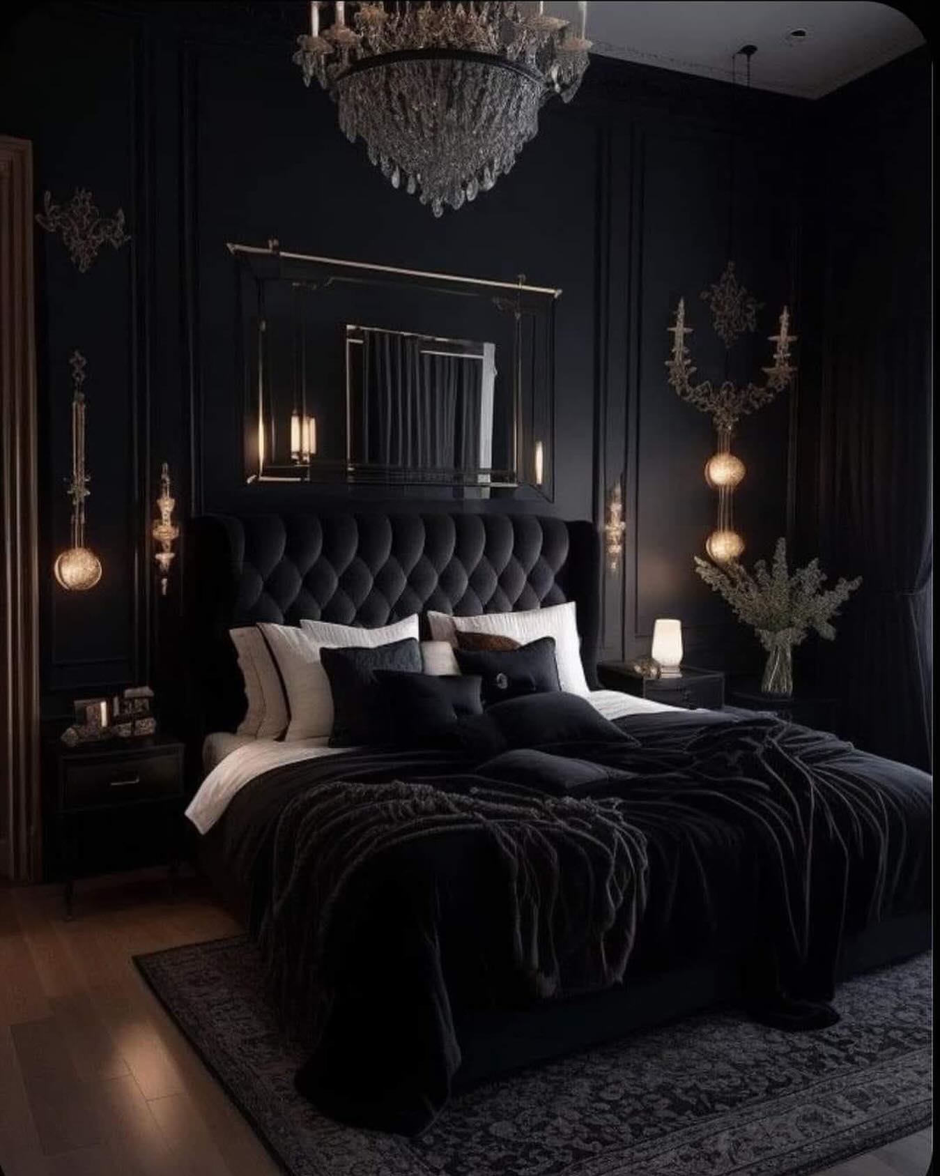 23. Midnight Bloom: Black Velvet Bed with Floral Wall Accents