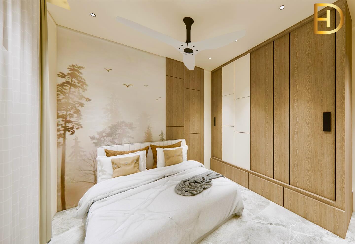 26. the Moonlit Orchid Bed with Azure Velvet Accents and Geometric Wall Art